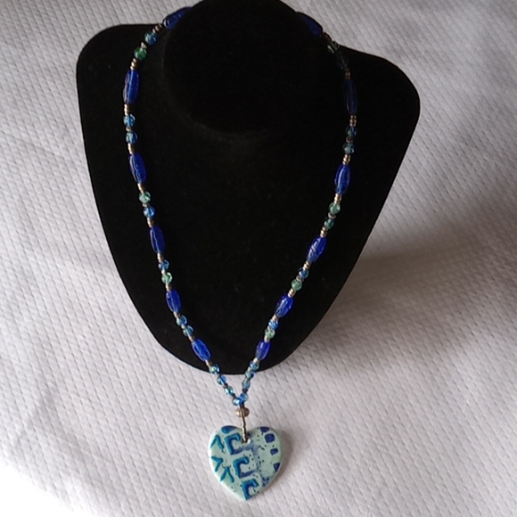 Handmade Necklace of Sterling, hand blown glass,Ceramic Pendant - Picture 2 of 6